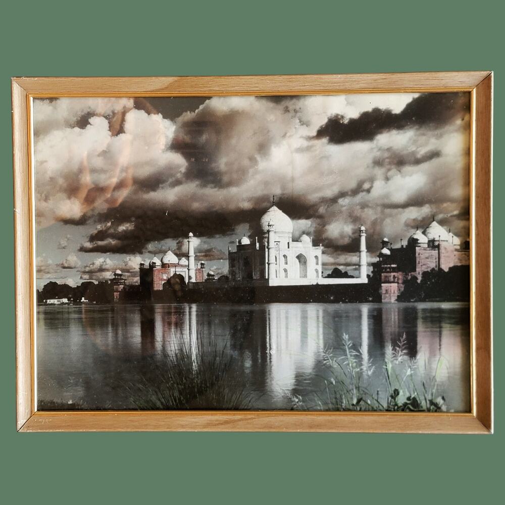 Vintage 1960s MCM Framed 1910s Photochrome Print of Taj Mahal and Yamuna River